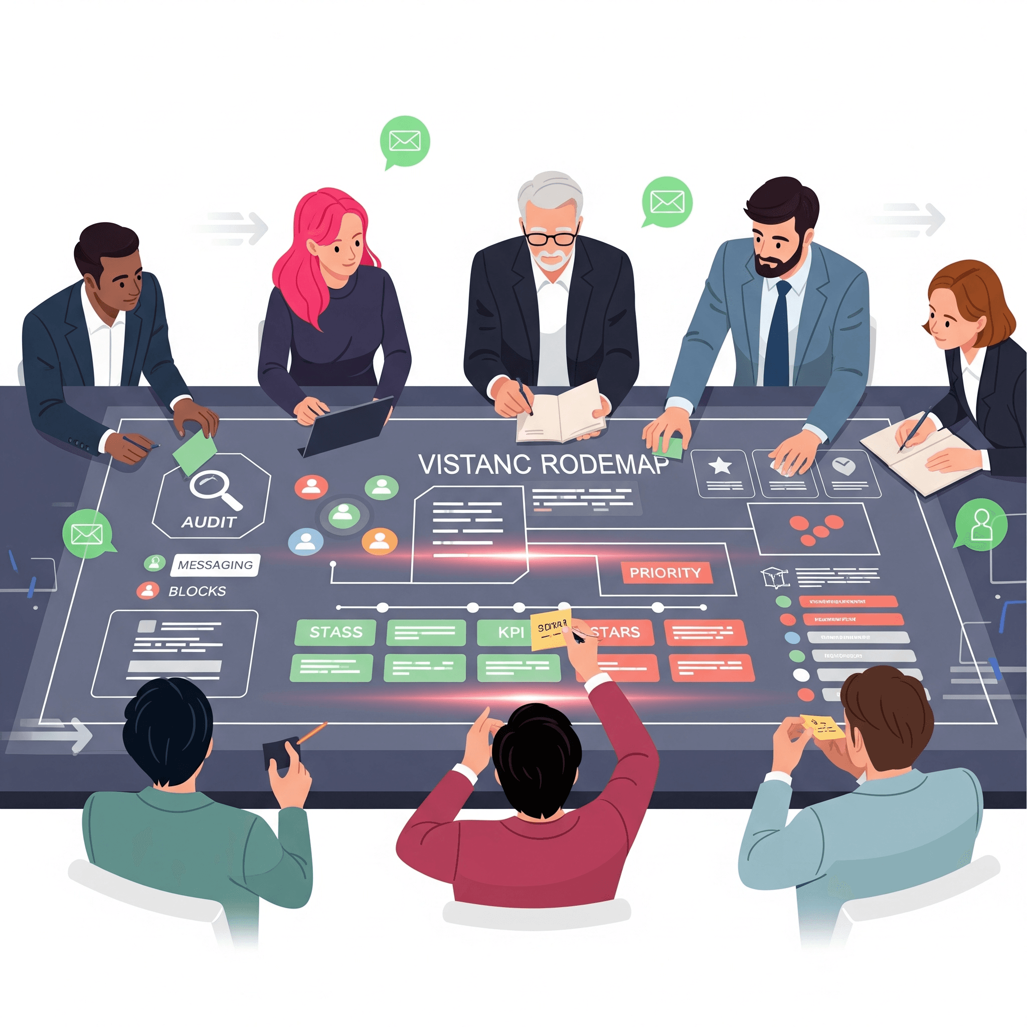 “Marketing team analyzing a strategic roadmap with audience personas, market research data, and a prioritized digital marketing action plan.”