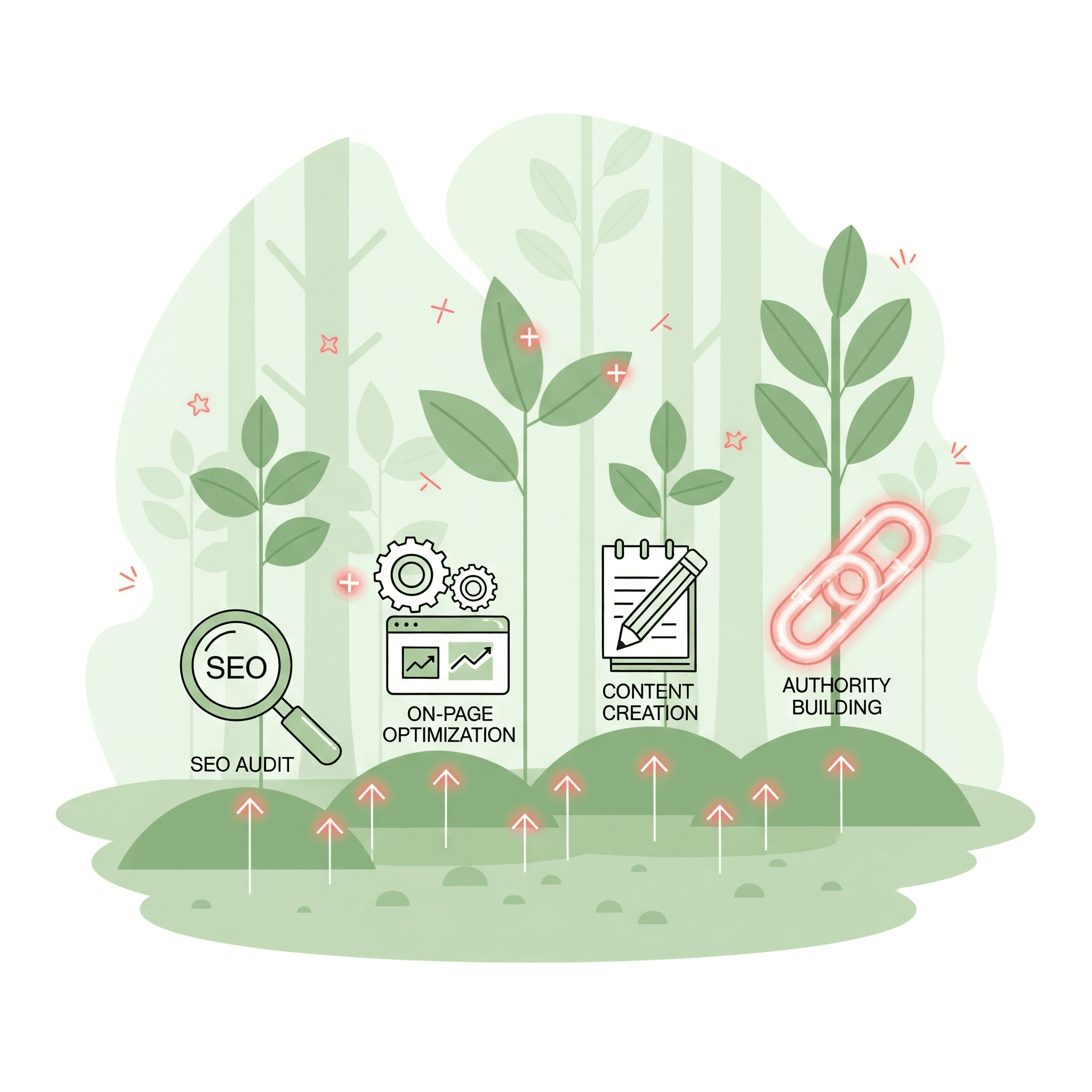 “Marketers nurturing an organic growth ecosystem with SEO audit, optimized content, and authority-building strategies for long-term traffic.”