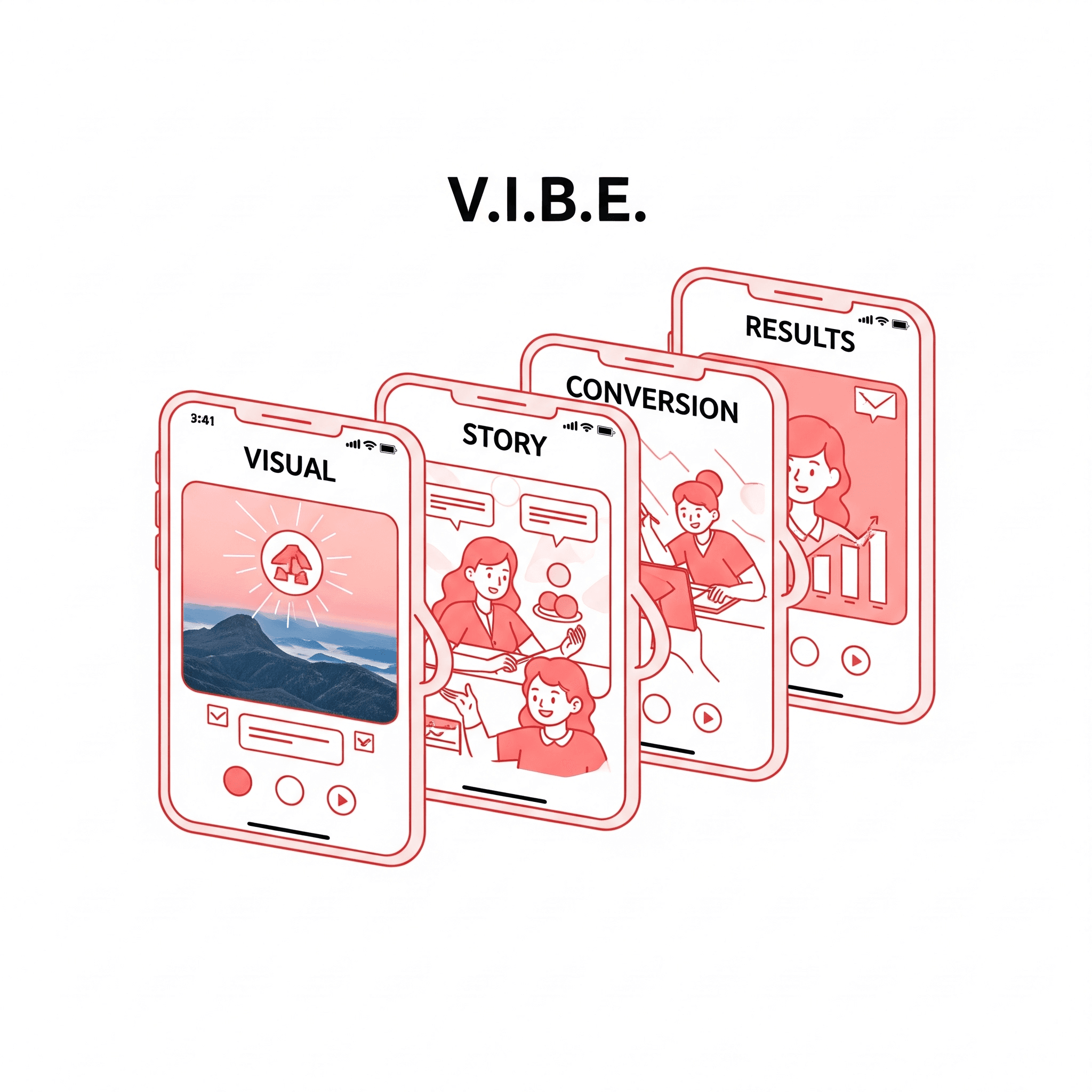 Illustration of the V.I.B.E TikTok ad framework showcasing steps from visual hooks to performance analysis