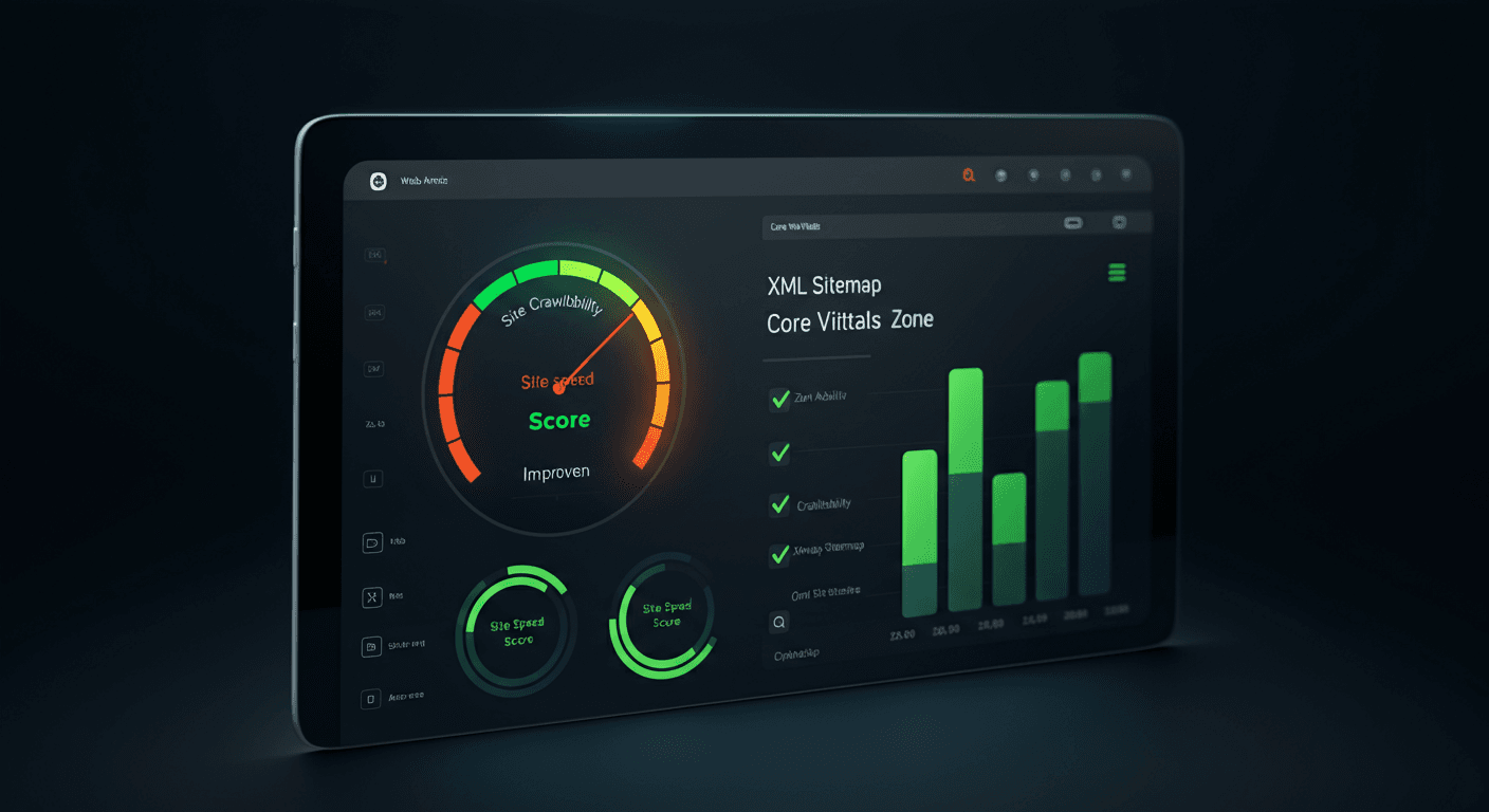 Technical SEO audit dashboard showing improved site speed, crawlability fixes, and Core Web Vitals optimization for Hirut Export